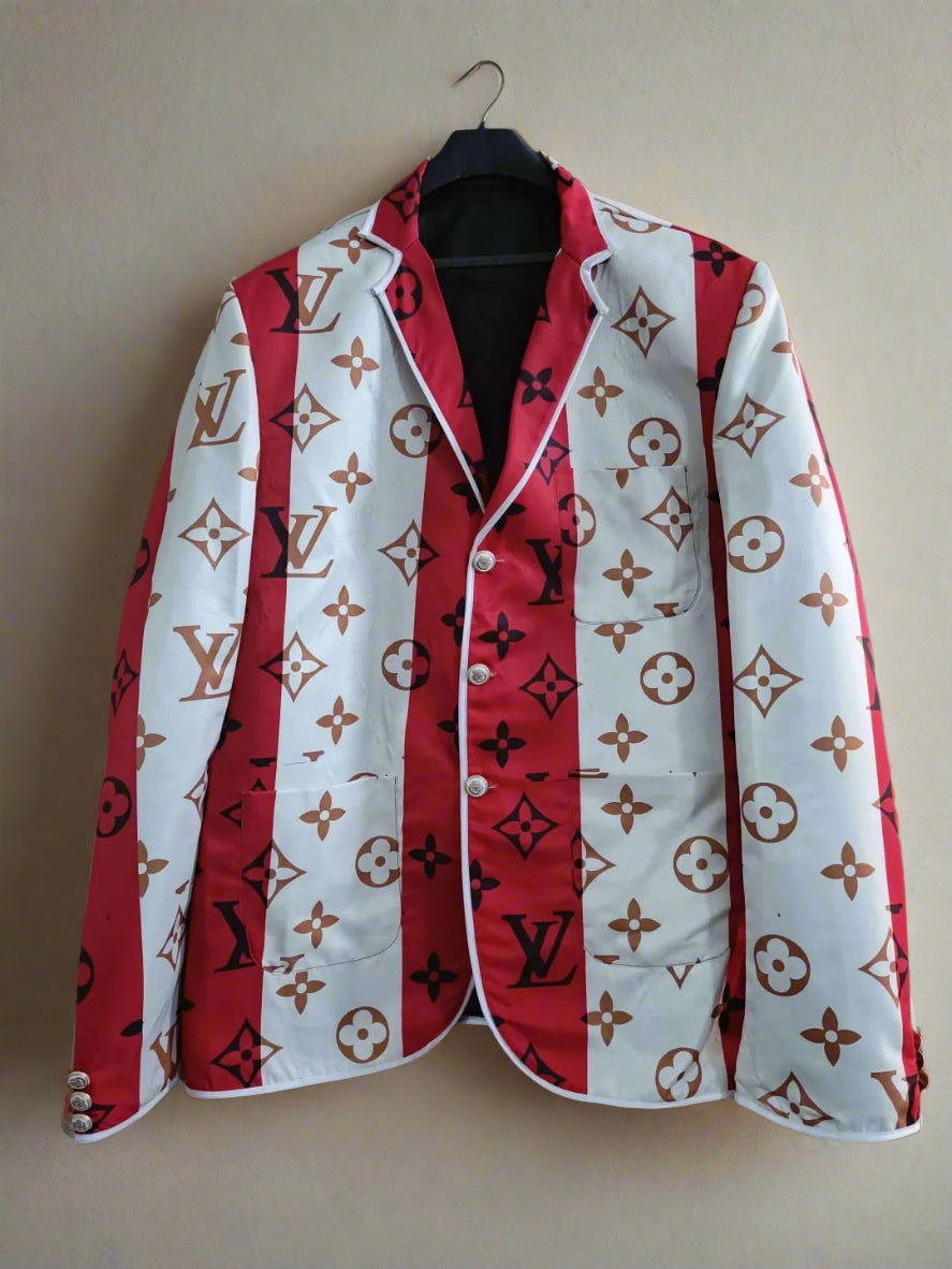 Red and white patterned jacket with brand logo on a ivory background