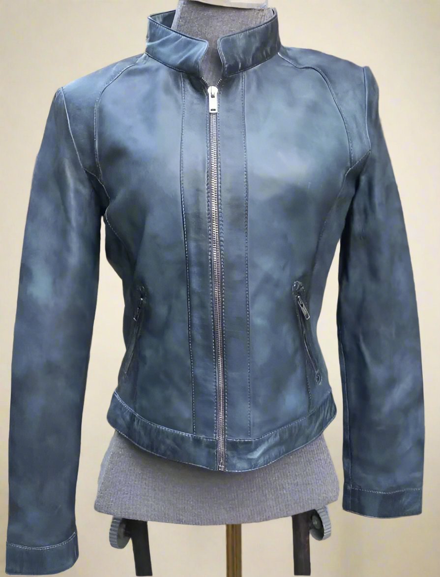 blue leather jacket women's leather jacket real leather jacket blue biker jacket ladies jacket women