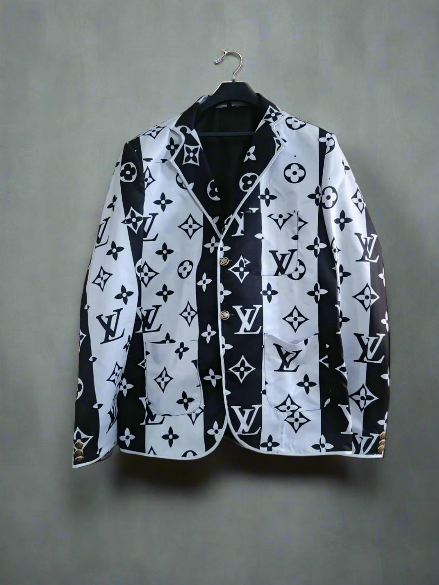 black n white mens blazer designer logo print against a wall