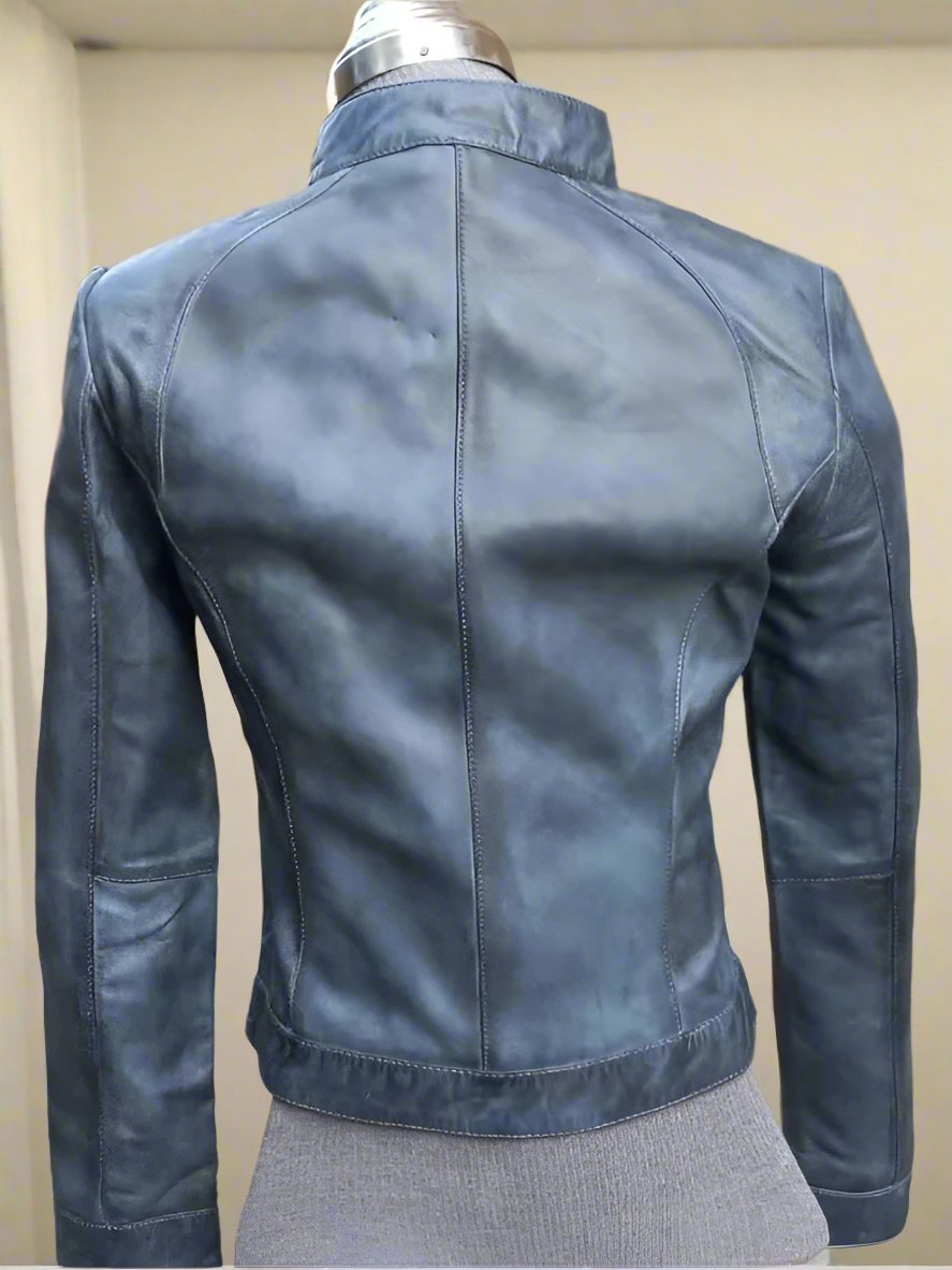 blue leather jacket women's leather jacket real leather jacket blue biker jacket ladies jacket women