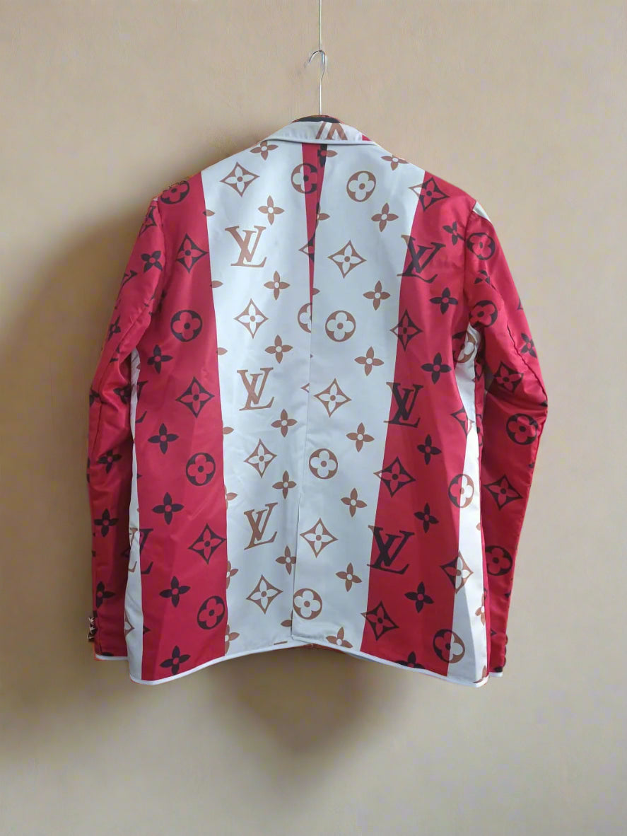 Red and white jacket with a pattern on plain background