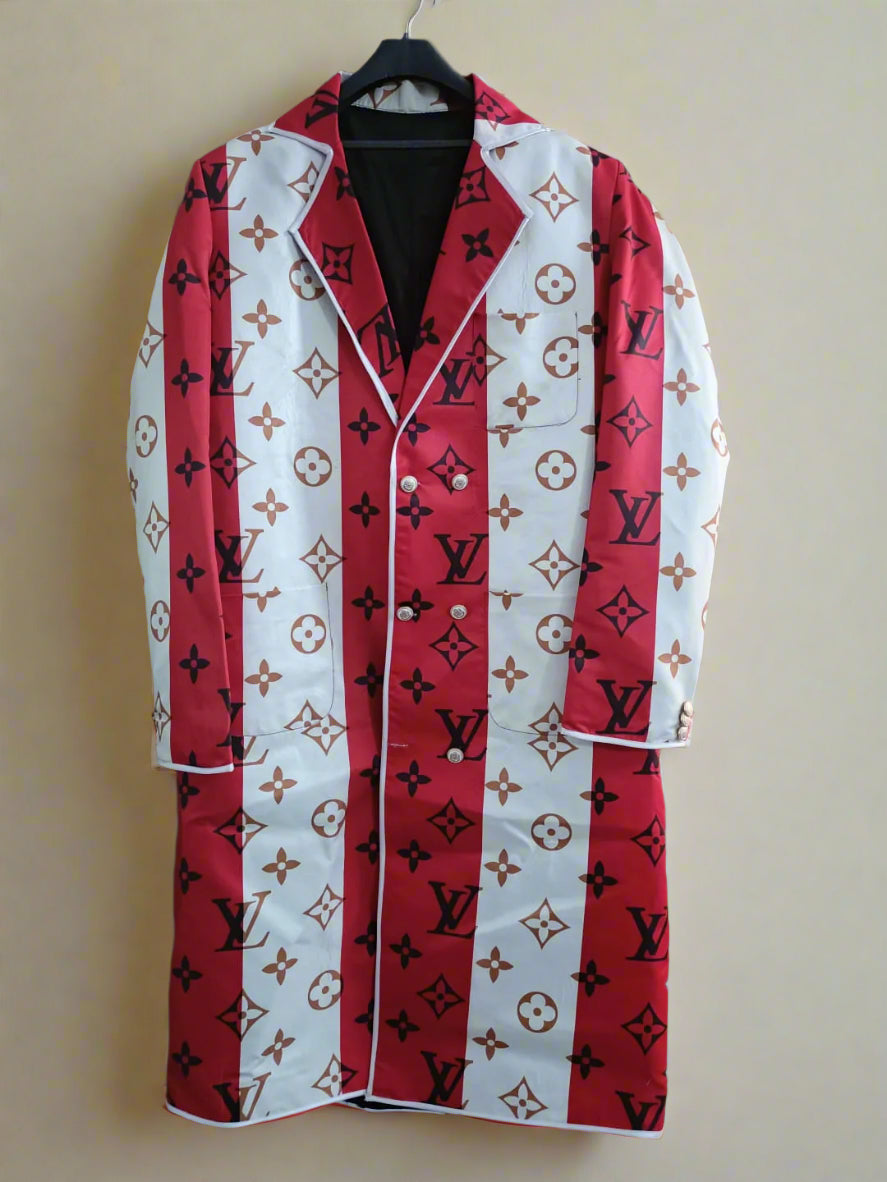 Red and white patterned long coat with brand logo on an ivory background