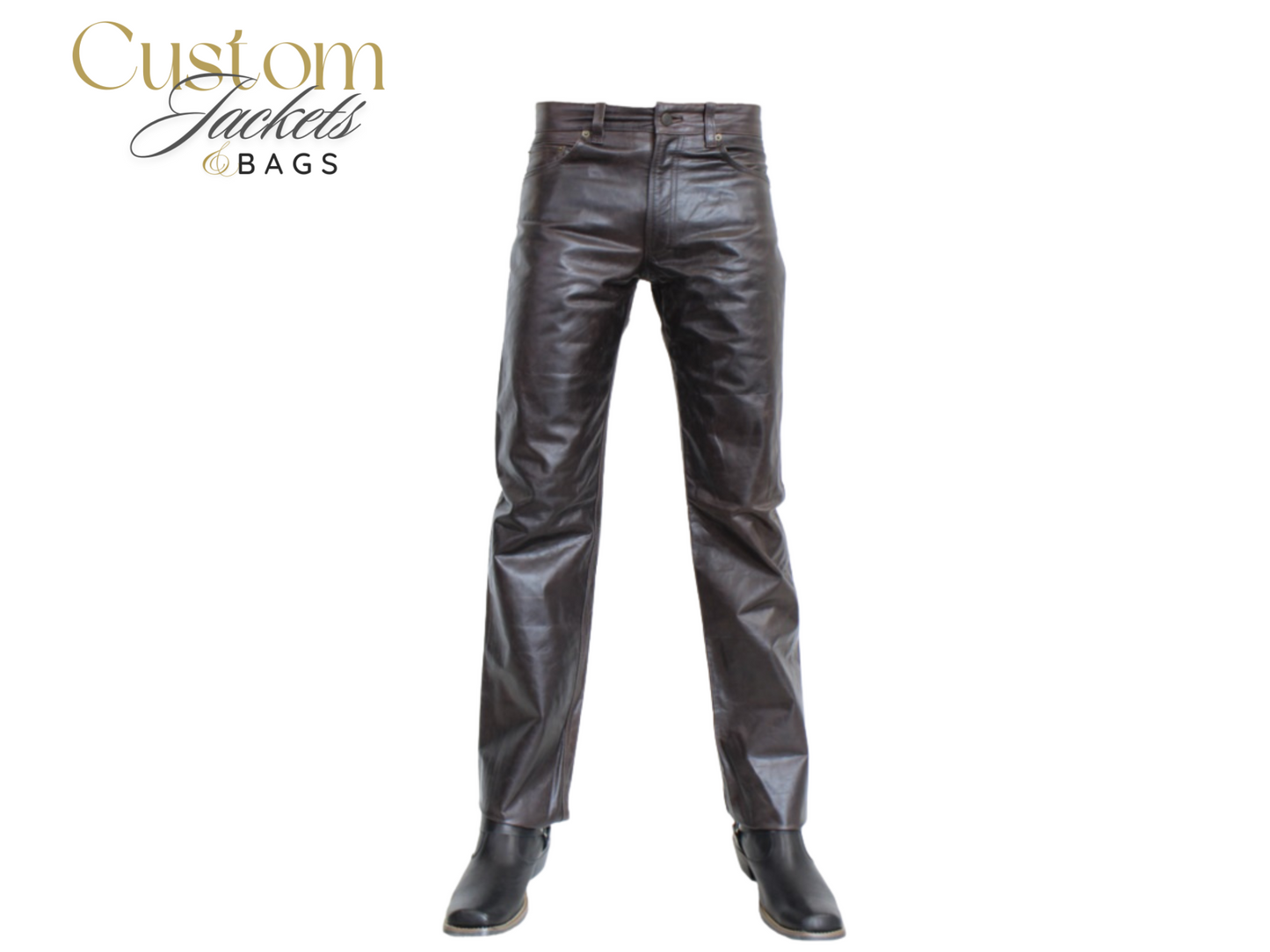 men's black leather straight-leg pants