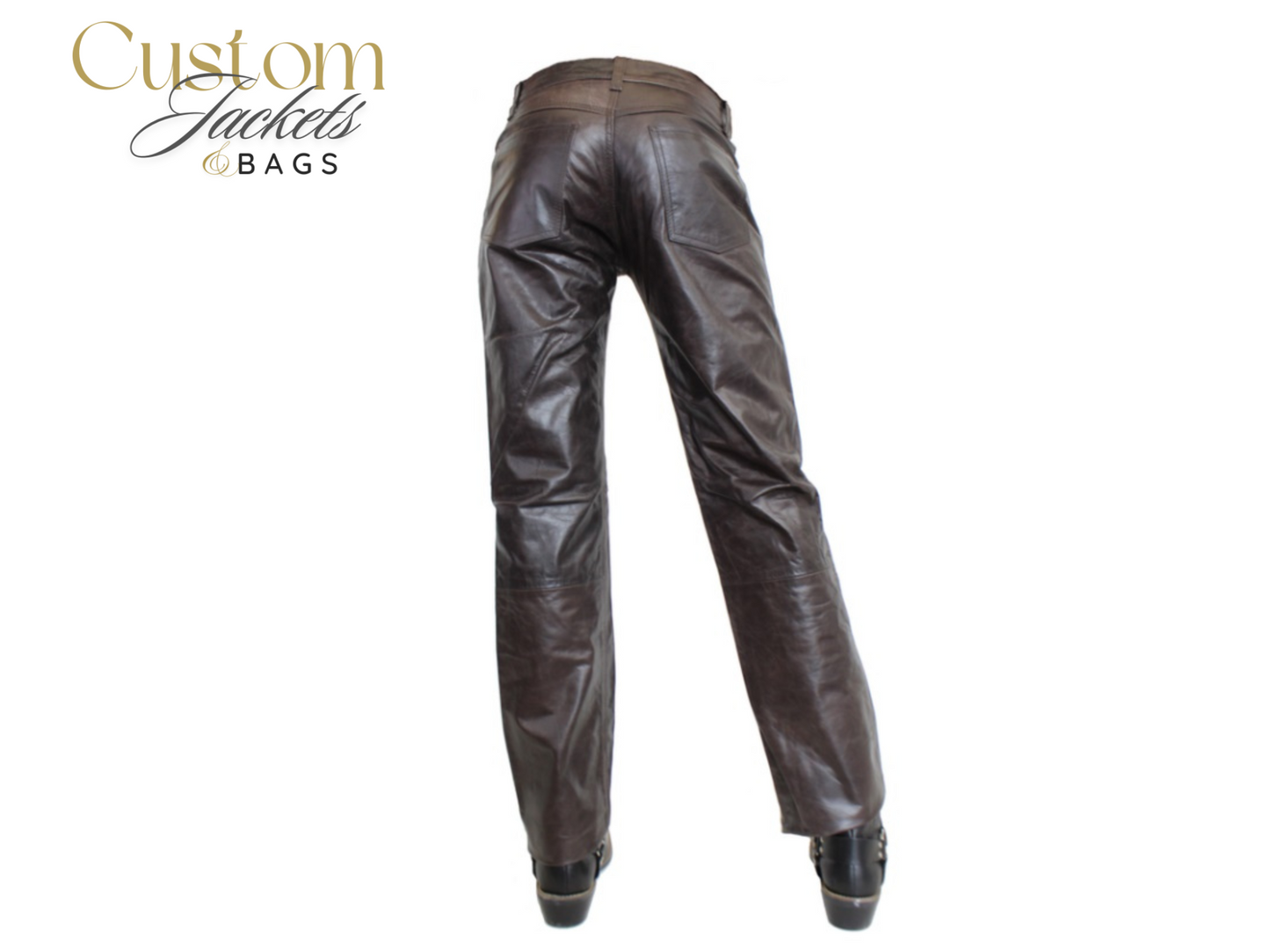 men's black leather straight-leg pants