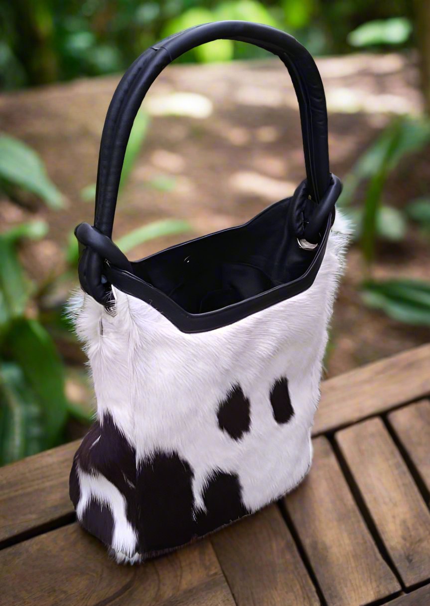 WOMEN COWHIDE BLACK BUCKET BAG - MONIS -