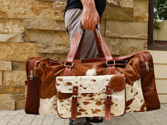 cowhide duffle bag cow hair on travel bag cowhide leather bag travel bag brown leather bag weekender travel bag gym bag 