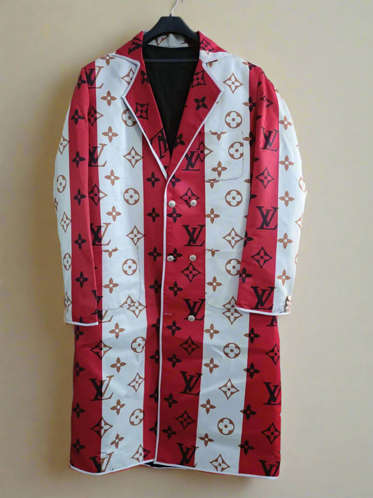 Red and white patterned long coat with brand logo on an ivory background